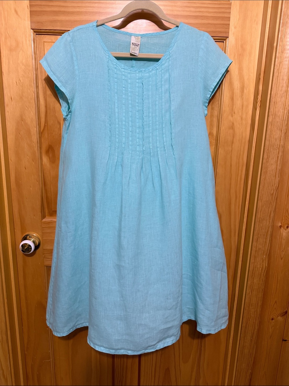 Match Point Linen Light Aqua Pintuck Midi Dress with Cap Sleeves, Size Small